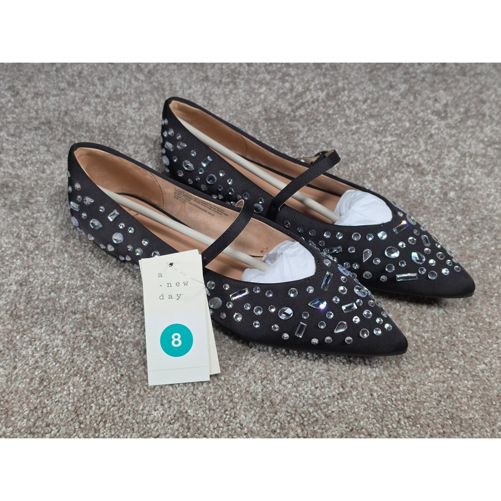 A New Day Gabriella Black Satin Rhinestone Mary Jane Pointed Toe Flats Size 8